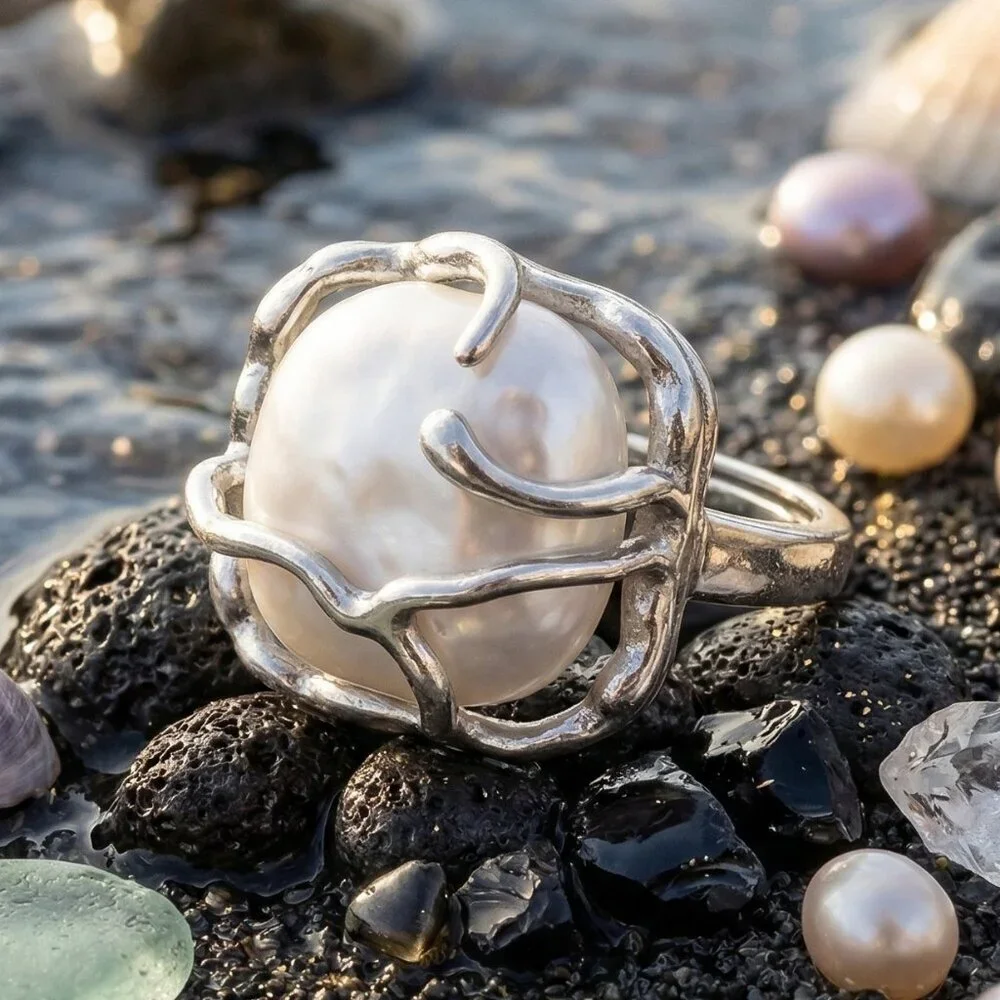 925 Sterling Silver Sculptural Faux Baroque Pearl Statement Ring Adjustable 6-9